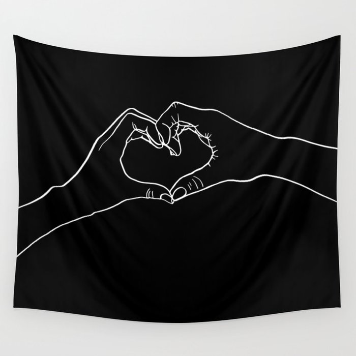 Black And White Line Art Hands Heart Minimalism Drawing Wall Tapestry