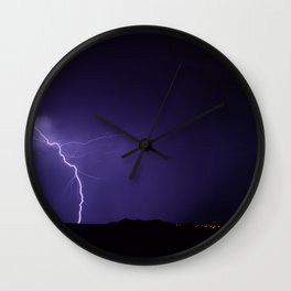 Lightning Strikes - II Wall Clock | Stormy, Weather, City Lights, Night, Nature, Lightning, Dark, Photo, Arizona, Silhouettes 