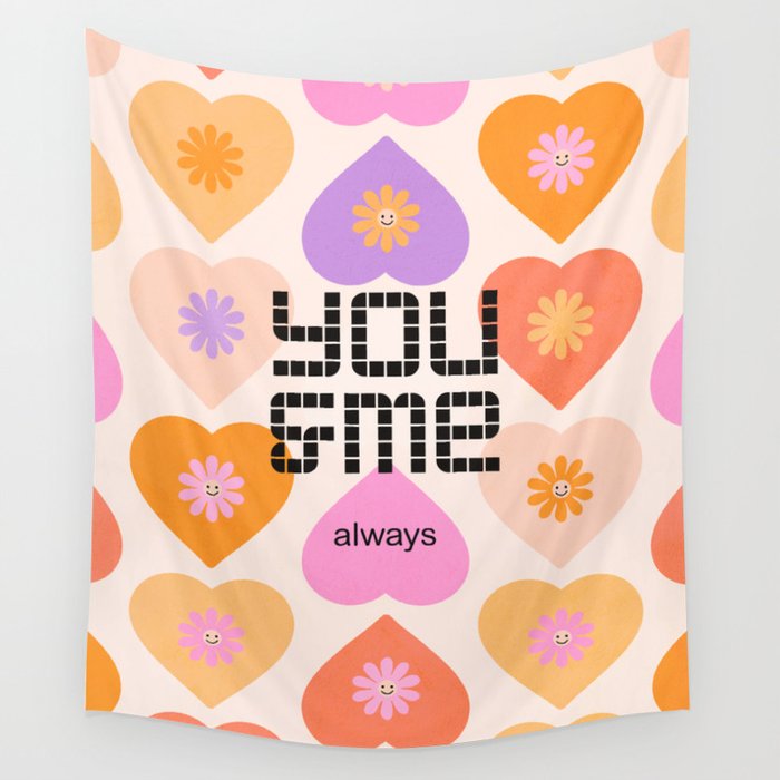 'You & Me' Retro Heart and daisy pattern Wall Tapestry