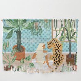 Urban Jungle Illustration, Tiger Home Decor, Woman & Modern Bohemian Wildlife Painting Wall Hanging