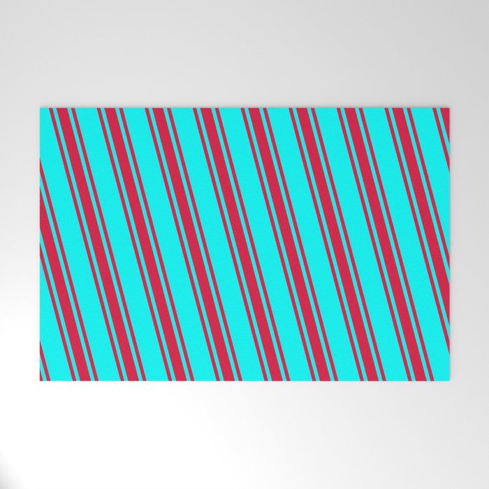 Cyan & Crimson Colored Stripes Pattern Welcome Mat