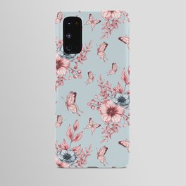 Monochrome anemone flowers and butterflies on a blue background - floral print Android Case