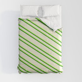 [ Thumbnail: Beige, Green & Dark Green Colored Pattern of Stripes Comforter ]