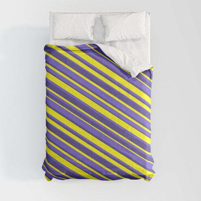 Yellow, Slate Blue, and Dark Slate Blue Colored Lined/Striped Pattern Comforter