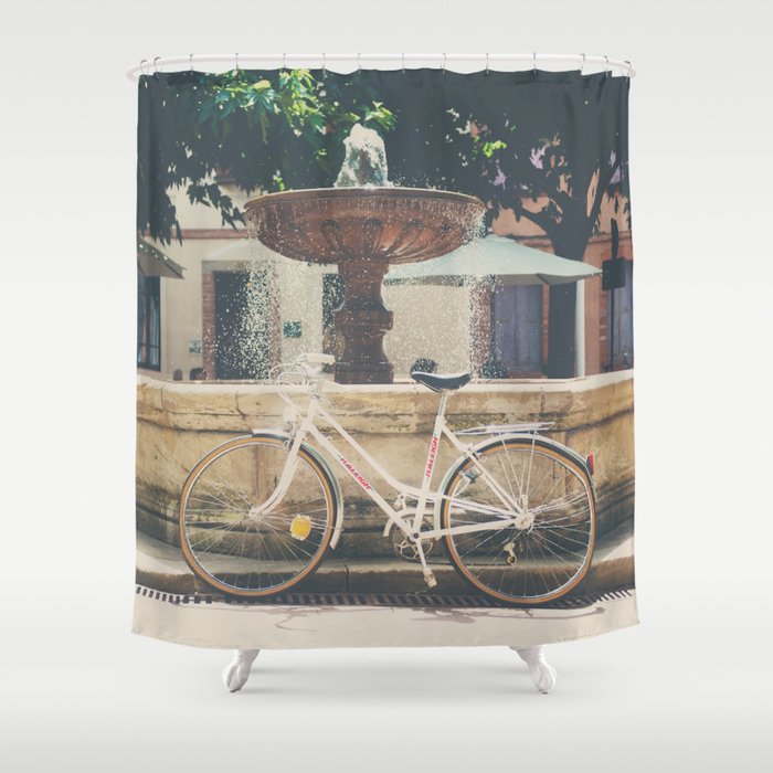 cycling across France on this pretty white bicycle Shower Curtain