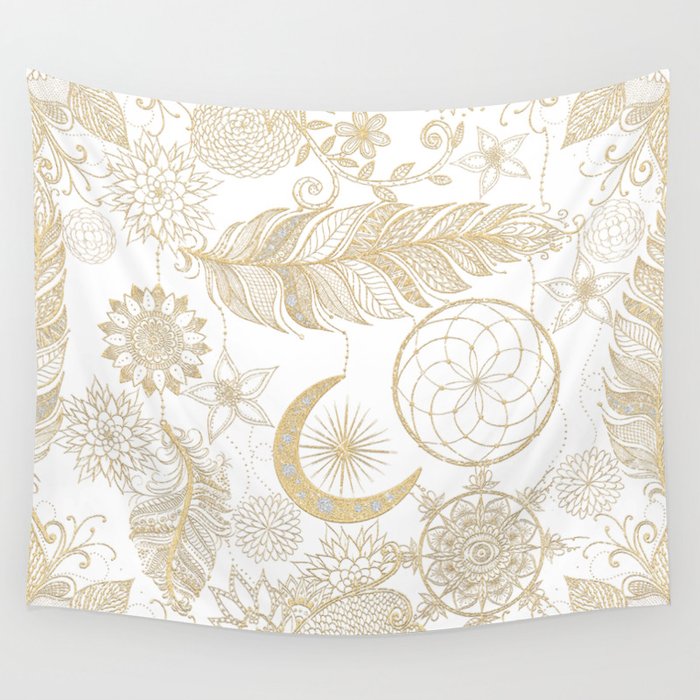 Gold Dream-Catcher Mandala Feathers Wall Tapestry