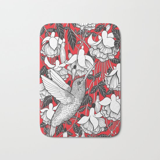Hummingbird and fuchsia, red background Bath Mat