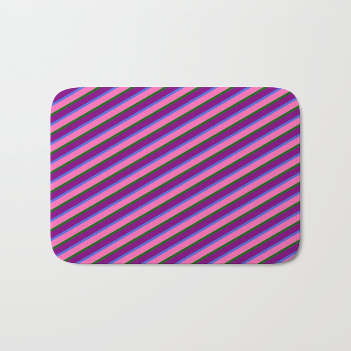 Royal Blue, Hot Pink, Dark Green, and Purple Colored Stripes/Lines Pattern Bath Mat