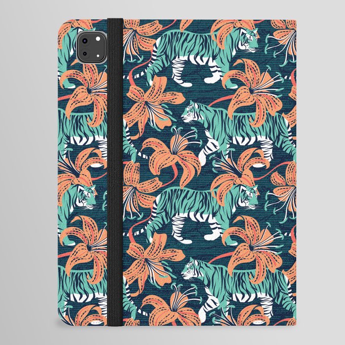 Tigers in a tiger lily garden // textured navy blue background spearmint green wild animals papaya orange flowers iPad Folio Case