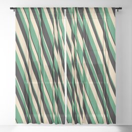 [ Thumbnail: Tan, Sea Green & Black Colored Striped Pattern Sheer Curtain ]