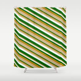 [ Thumbnail: Dark Goldenrod, Tan, Mint Cream & Dark Green Colored Lined/Striped Pattern Shower Curtain ]