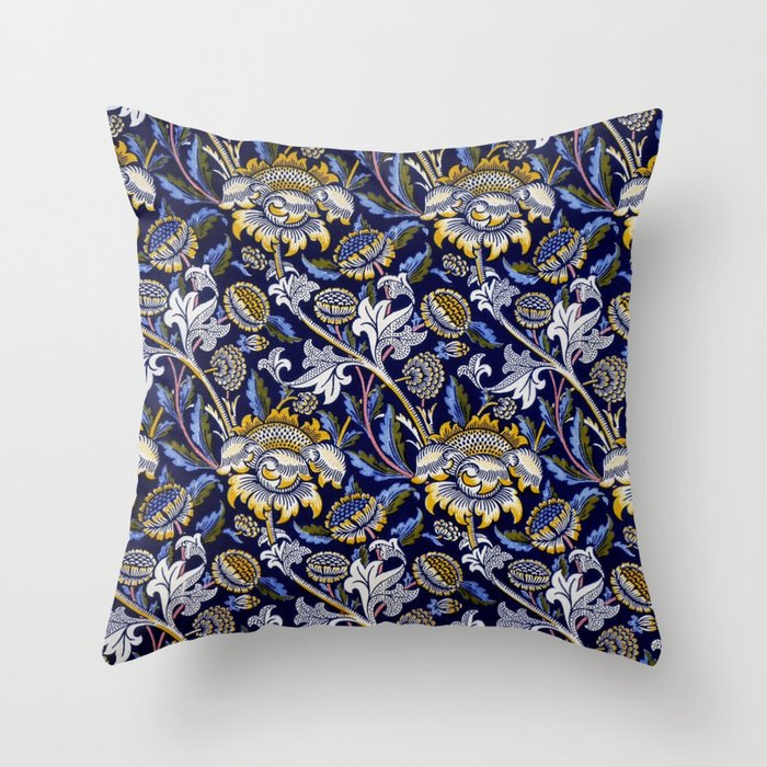 William Morris Blue Wey Floral French Textile Pattern Throw Pillow
