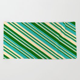 [ Thumbnail: Light Sea Green, Beige, and Dark Green Colored Lined Pattern Beach Towel ]
