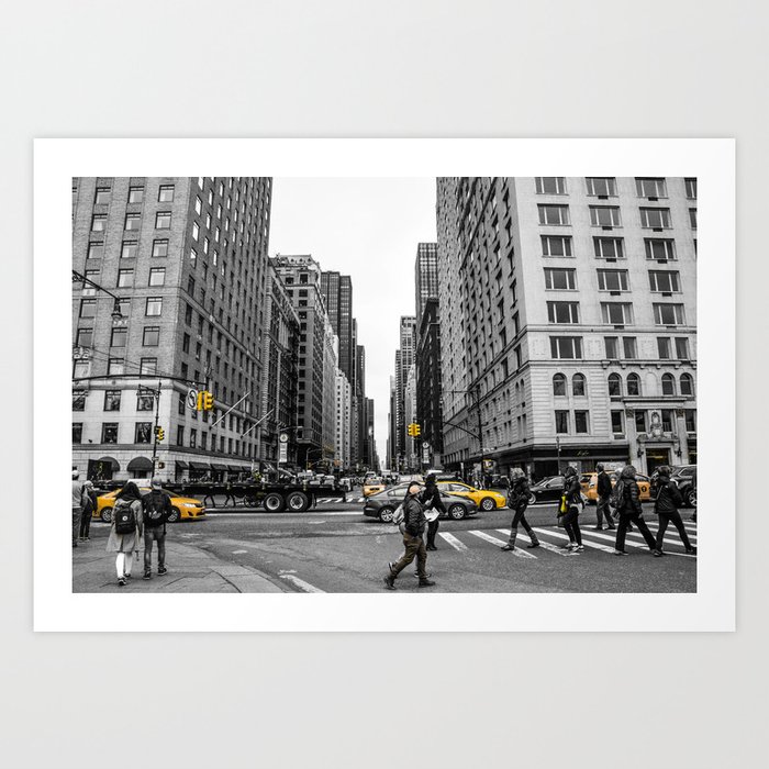 Black and White NYC Cityscape with Yellow Taxis Photography Art Print