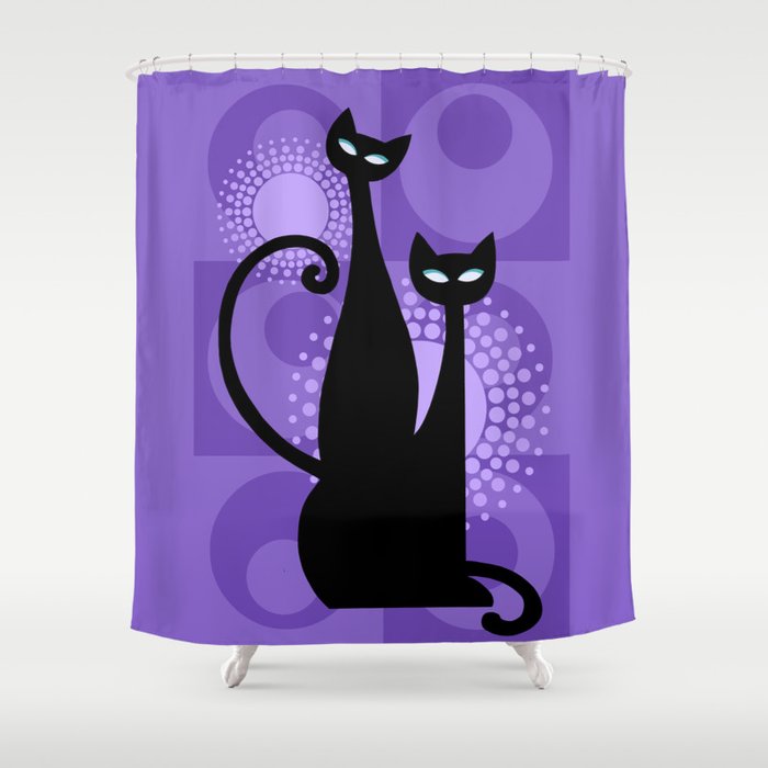 Purple Paradise Atomic Age Black Kitschy Cats Shower Curtain