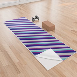 [ Thumbnail: Turquoise, Purple, Blue, and Light Grey Colored Striped/Lined Pattern Yoga Towel ]
