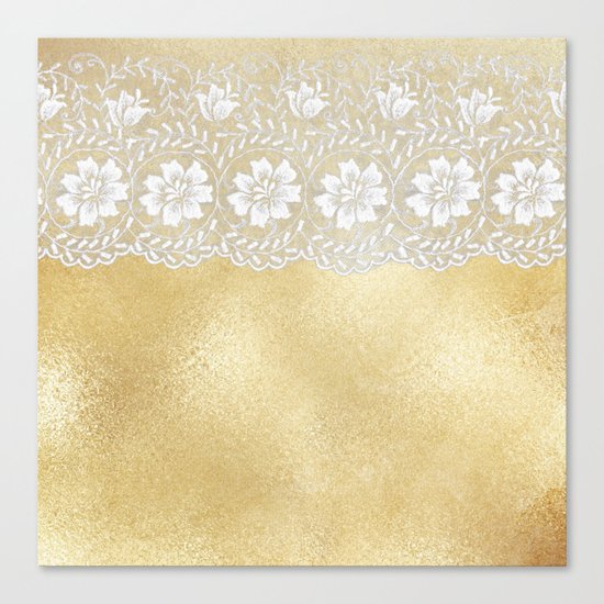 Bridal lace - White floral elegant lace on gold metal backround Canvas Print