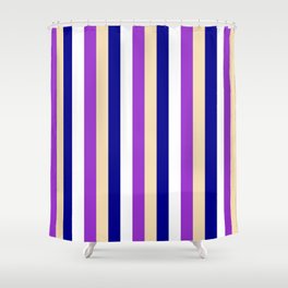 [ Thumbnail: Tan, Dark Orchid, White, and Dark Blue Colored Pattern of Stripes Shower Curtain ]