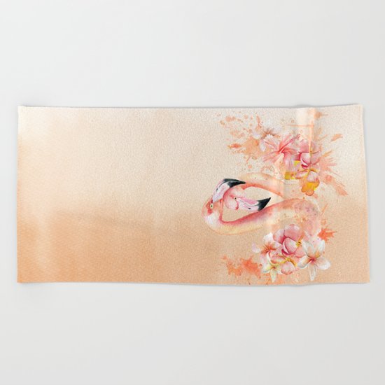 Tropical birds- Flamingo in LOVE with exotic flowers on #Society6 Beach Towel