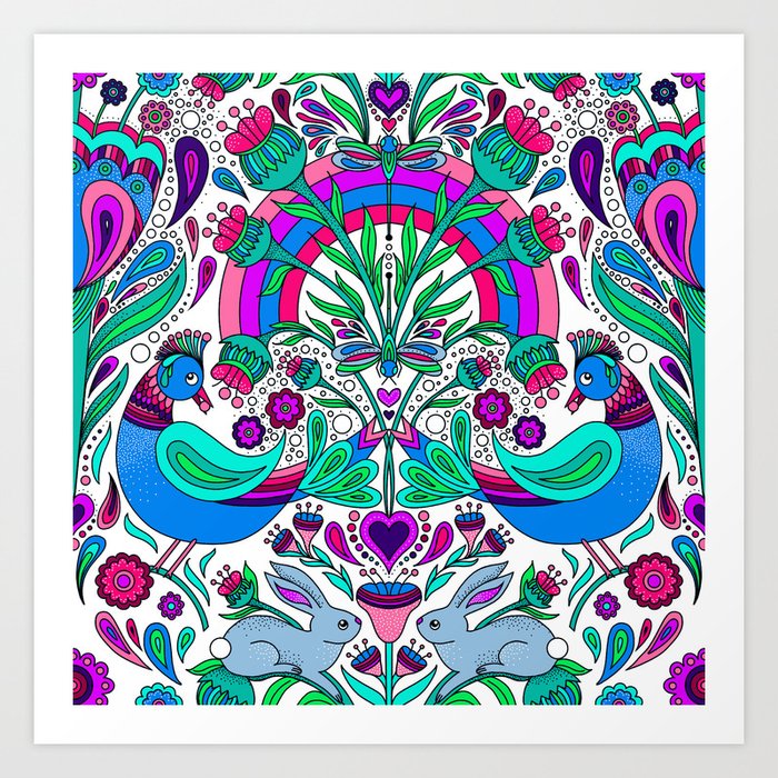 Folk Art Rainbow Birds and Bunnies - Blue and Purple Distelfink Daydream  Art Print