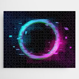 Synthwave Vaporwave Retrowave Glitch Circle with blue and pink glows with smoke and particles on laser grid space background.  Jigsaw Puzzle