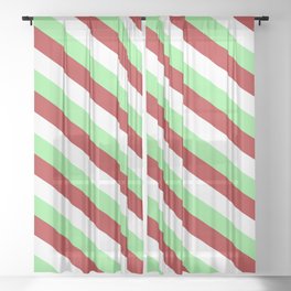 [ Thumbnail: Light Green, Red, and White Colored Pattern of Stripes Sheer Curtain ]