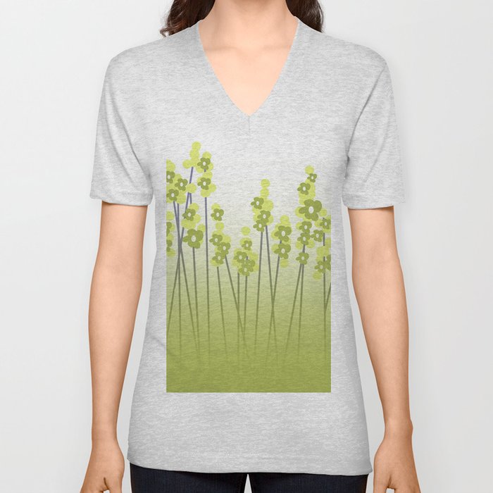 Hello Spring Green/Black Retro Plants with Flowers White Background #decor #society6 #buyart V Neck T Shirt