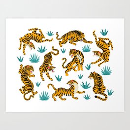 Asian tigers and tropic plants on background. Art Print