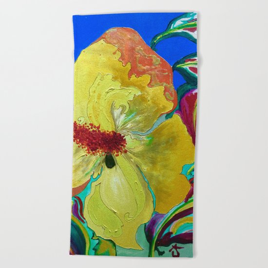 Birthday Acrylic Yellow Orange Hibiscus Flower Painting with Red and Green Leaves Beach Towel