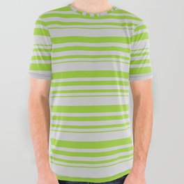 [ Thumbnail: Light Grey and Green Colored Stripes Pattern All Over Graphic Tee ]
