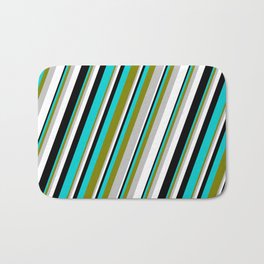 [ Thumbnail: Eye-catching Green, Grey, White, Black & Dark Turquoise Colored Pattern of Stripes Bath Mat ]