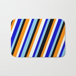 [ Thumbnail: Vibrant Black, Dark Orange, Mint Cream, Blue & Sky Blue Colored Stripes Pattern Bath Mat ]