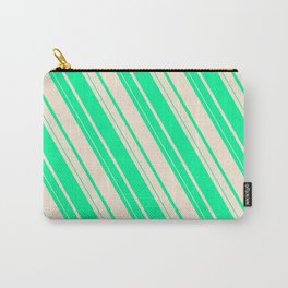 [ Thumbnail: Green and Beige Colored Striped/Lined Pattern Carry-All Pouch ]
