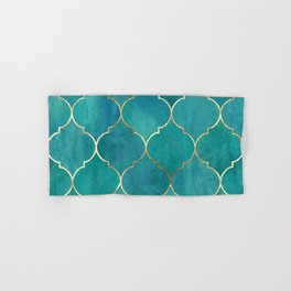 Turquoise Teal Golden Moroccan Quatrefoil Pattern II Hand & Bath Towel