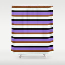 [ Thumbnail: Purple, Brown, Mint Cream, and Black Colored Stripes/Lines Pattern Shower Curtain ]