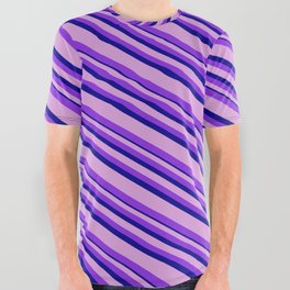 [ Thumbnail: Plum, Purple & Dark Blue Colored Lines Pattern All Over Graphic Tee ]