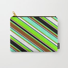 [ Thumbnail: Aquamarine, Chartreuse, Brown, White, and Black Colored Striped/Lined Pattern Carry-All Pouch ]