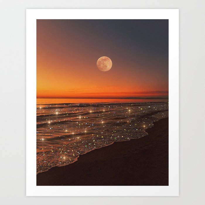 SUNSET WITH A FULL MOON | collage | nature | warm | ocean | sea | glitter | glow | waves | sky bling Art Print