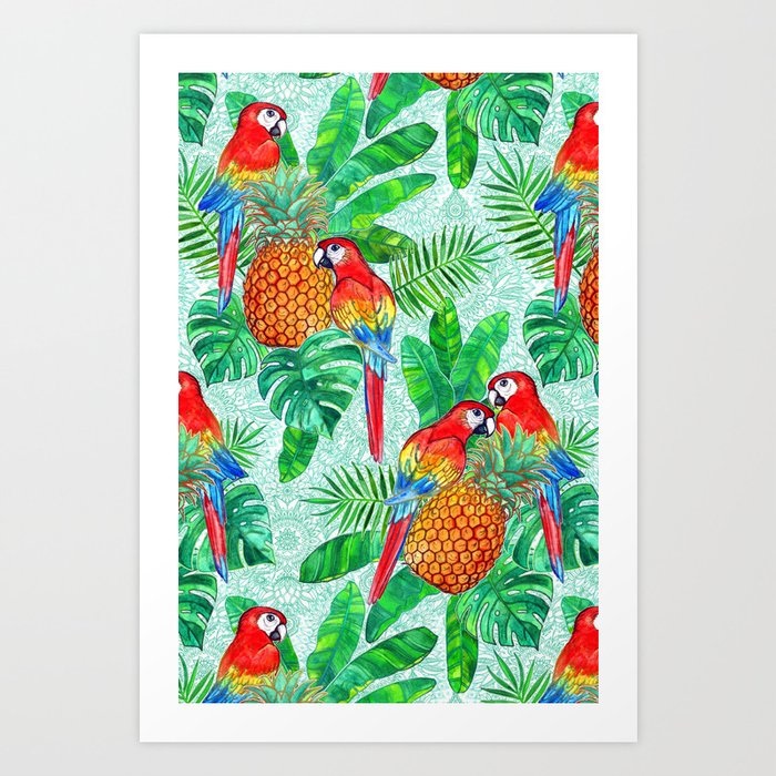 Pineapples and Parrots Tropical Summer Pattern Art Print