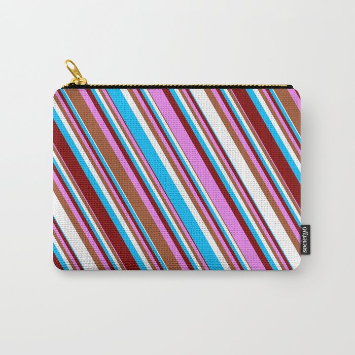 Colorful Deep Sky Blue, Maroon, Violet, Sienna & White Colored Striped/Lined Pattern Carry-All Pouch