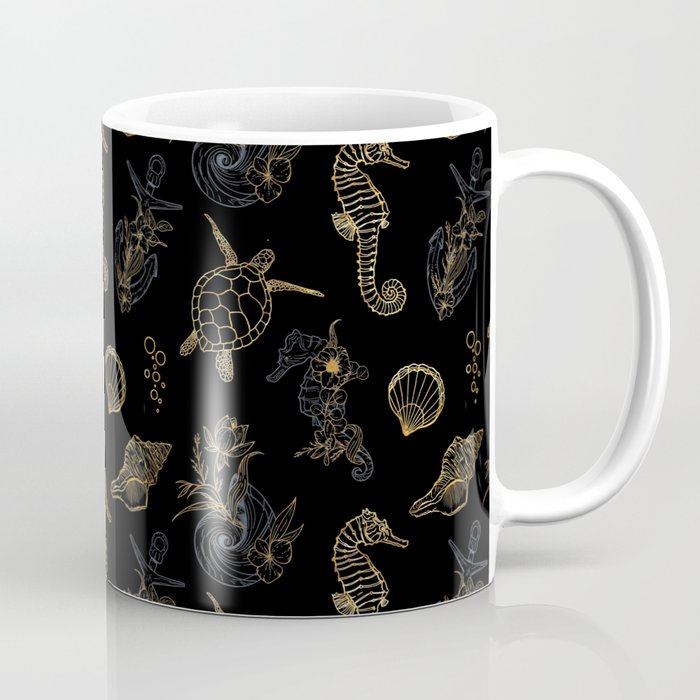 Nautical black gold seahorse shell turtle pattern Coffee Mug