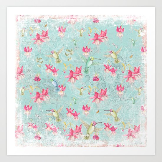 Vintage Watercolor hummingbird and Fuchsia Flowers on mint Background Art Print