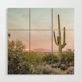 Desert Mountains Saguaro Cactus Blue & Pink Sunset Phoenix Arizona Wood Wall Art