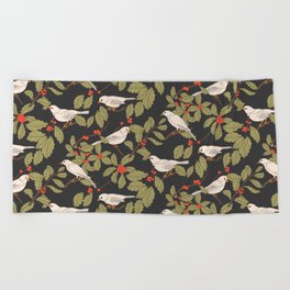 Winter Birds and Holly on Charcoal Beach Towel