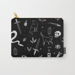 Witchy Mood - illustrated pattern Carry-All Pouch | White, Mystic, Eye, Digital, Witchy, Crystal, Drawing, Contrast, Cat, Dark 