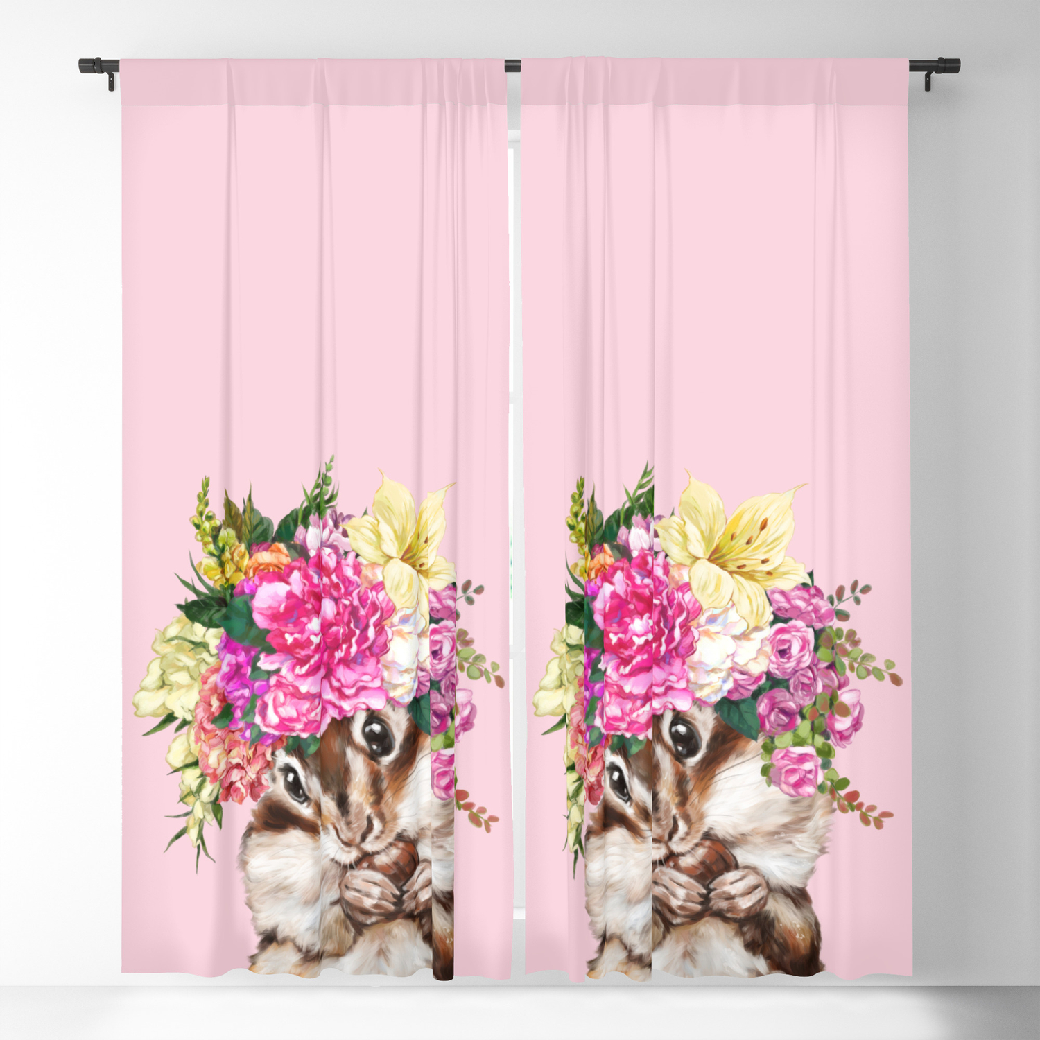 Flower Crown Squirrel In Pink Blackout Curtain By Bignosework