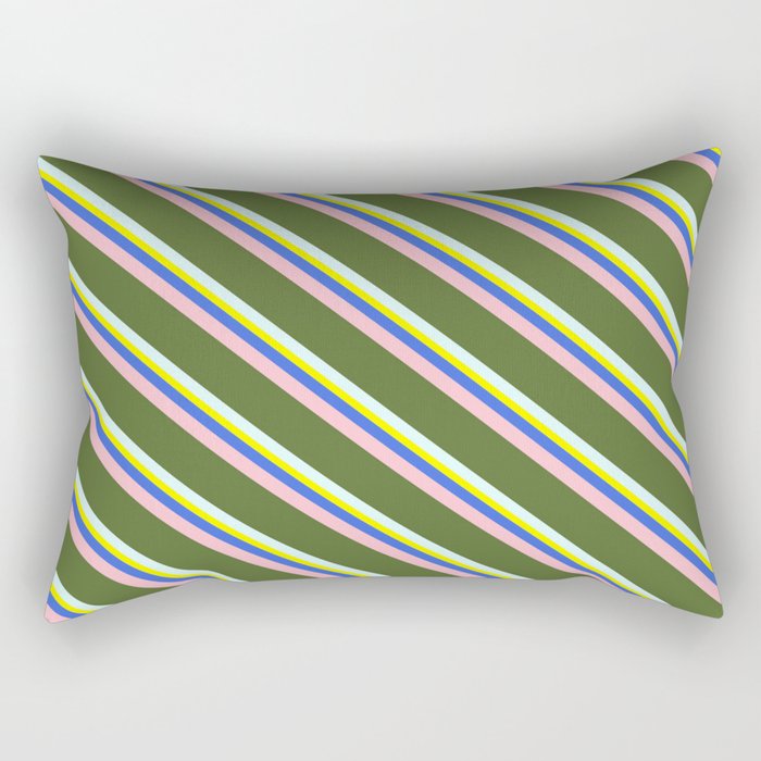 Colorful Yellow, Royal Blue, Pink, Dark Olive Green, and Light Cyan Colored Lined/Striped Pattern Rectangular Pillow