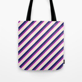 [ Thumbnail: Colorful Fuchsia, Beige, Midnight Blue, Dim Gray & Black Colored Lines/Stripes Pattern Tote Bag ]