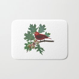 Scarlet Tanager in Oak Tree Bath Mat | Portrait, Painting, Scarlettanager, Bird, Cardinal, Spadecaller, Digital, Songbird, Digitalpainting 