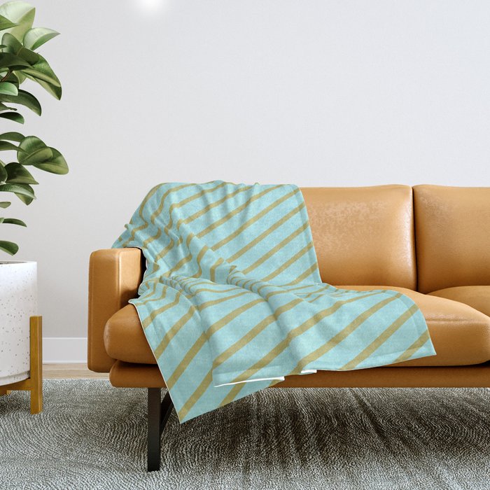Turquoise and Dark Khaki Colored Striped Pattern Throw Blanket